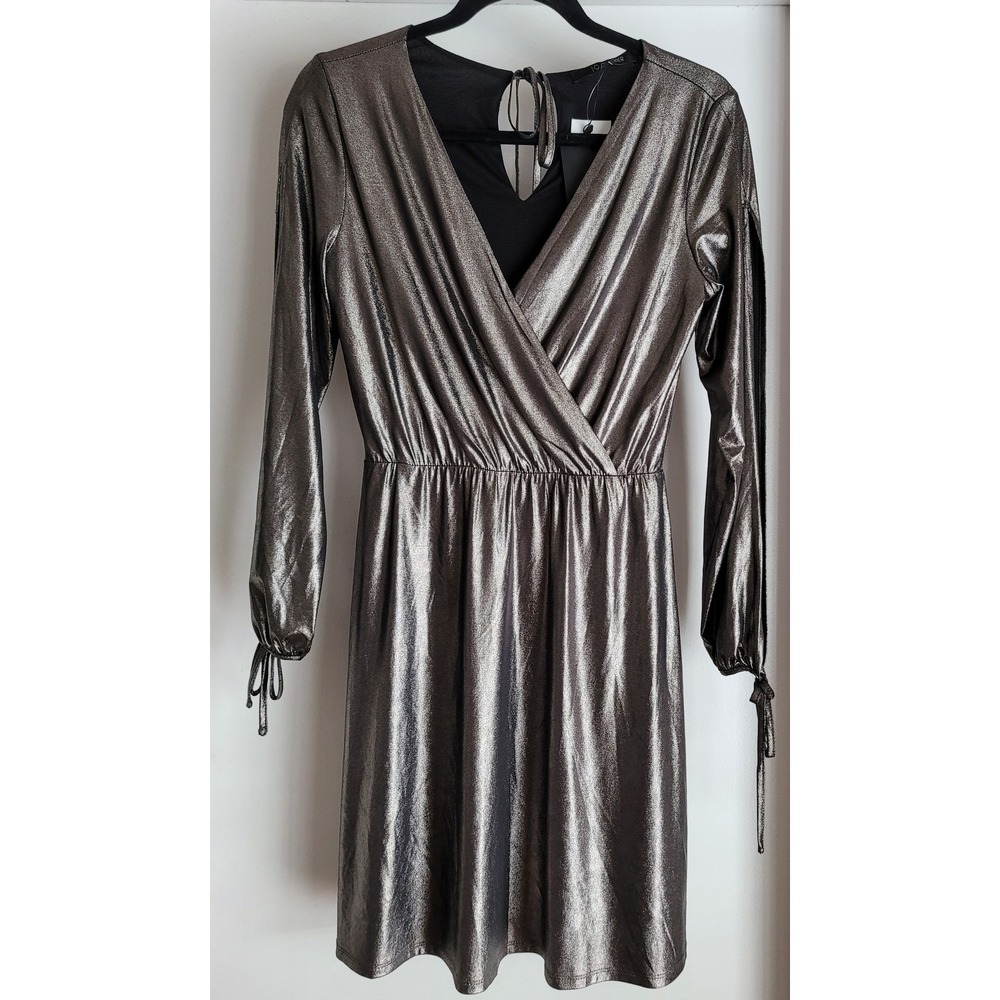 19 Cooper Metallic Grey Long Sleeve V-Neck Mini Dress XS Party Cocktail NWT